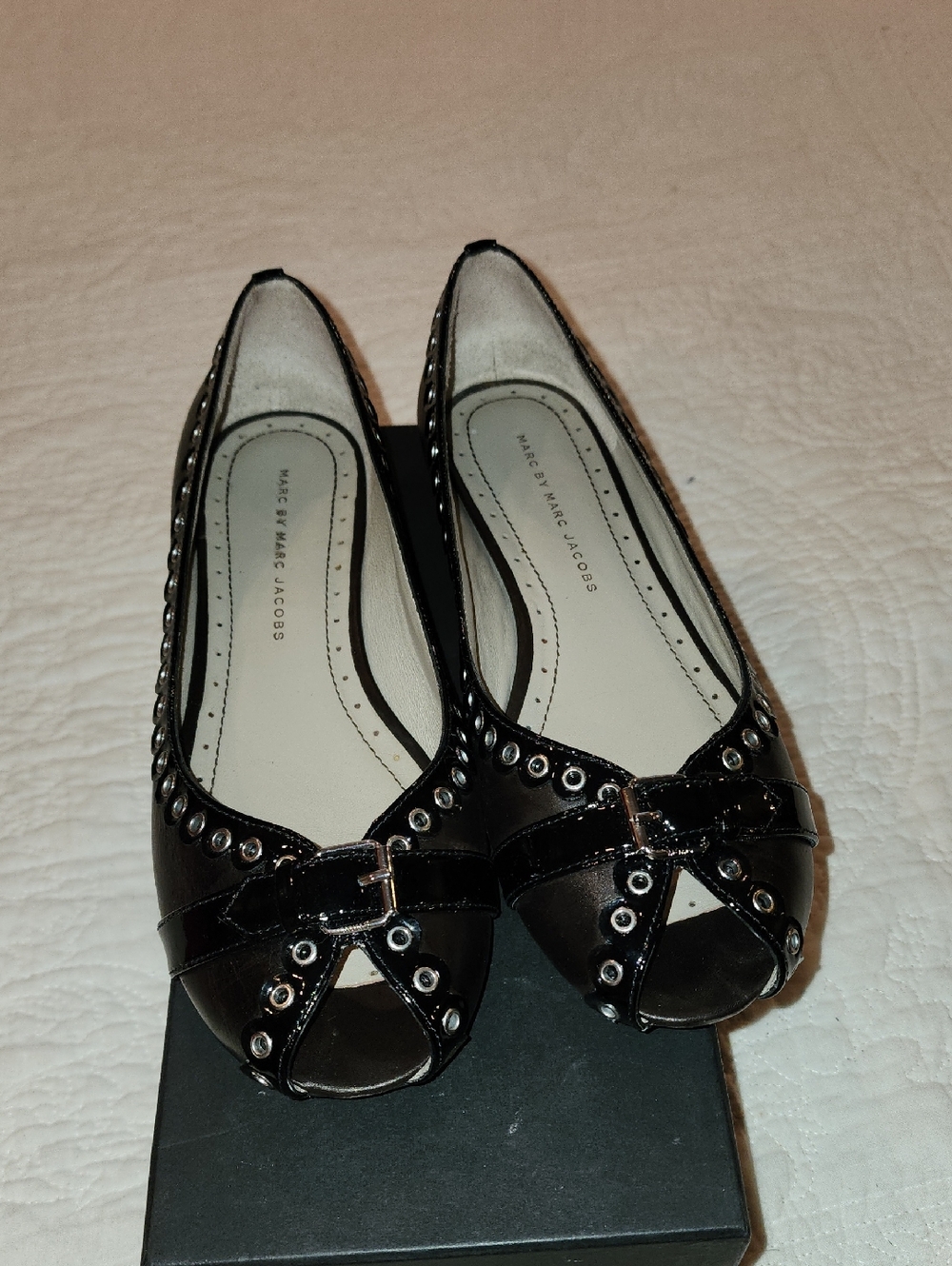 Marc by Marc Jacobs Black Grommet Peep-Toe Flats